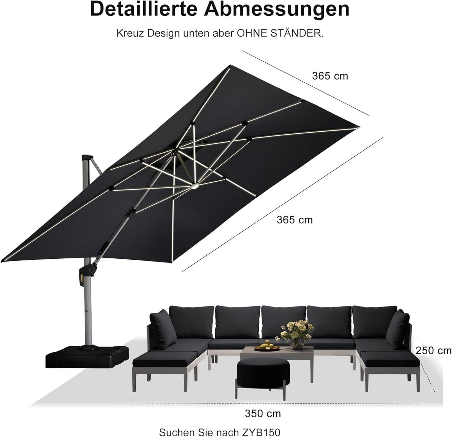 Sonnenschirm LED Ampelschirm 365x365cm Quadrat Kurbel UV50+ Grey