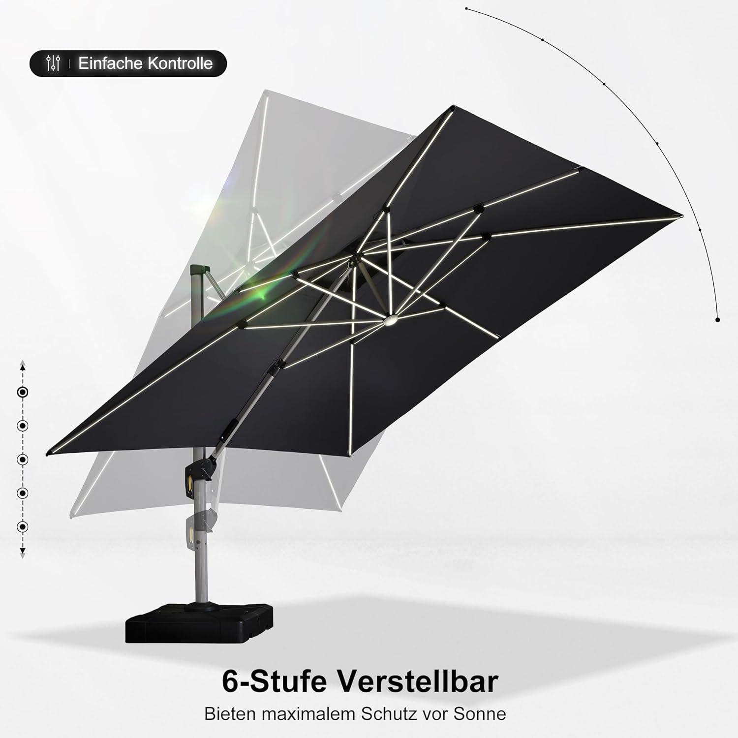 PURPLE LEAF Sonnenschirm LED 365x365cm Ampelschirm UV50+ Stabil Grey