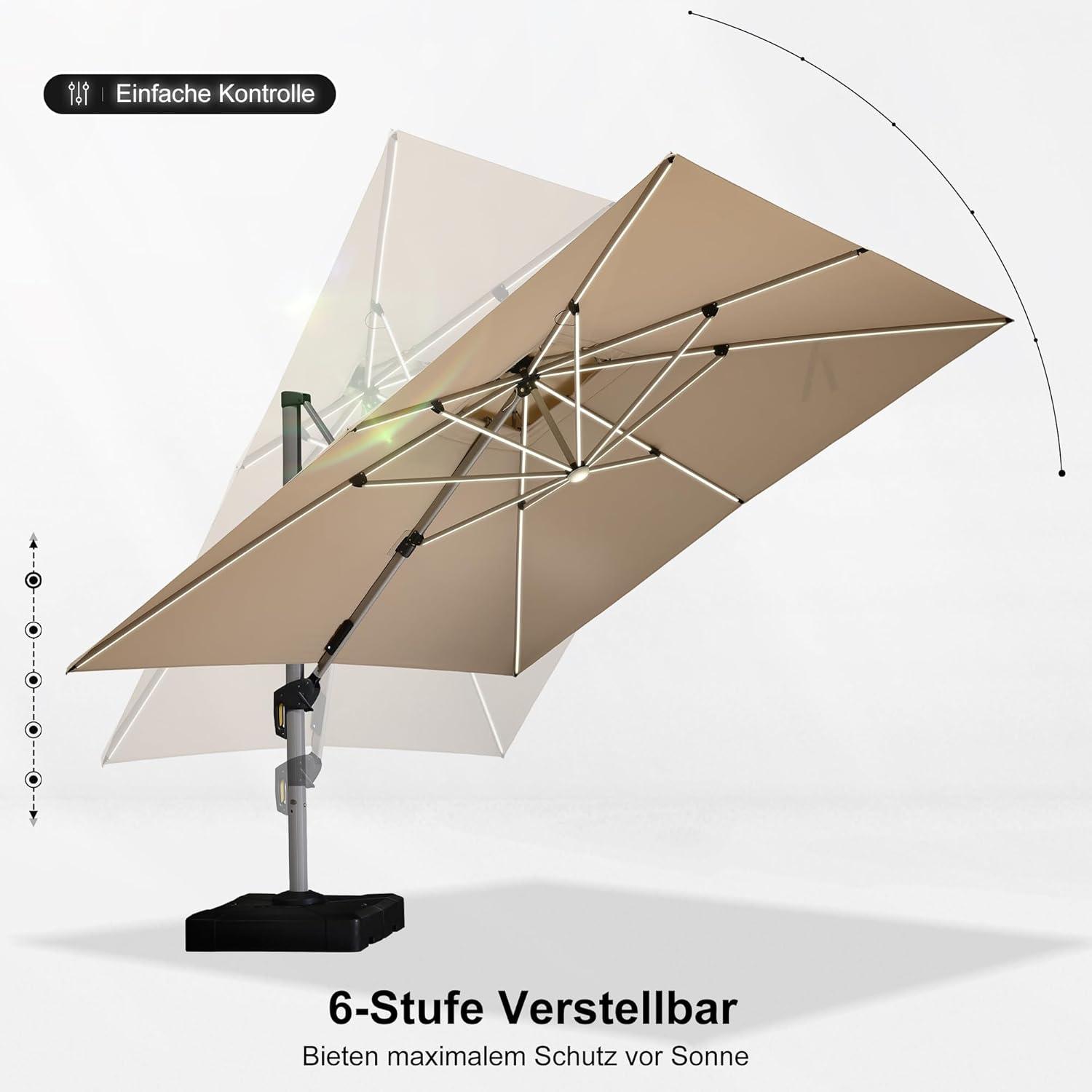 365x365 cm LED Sonnenschirm mit Kurbel & UV50+ Beige