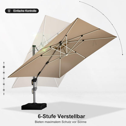 365x365 cm LED Sonnenschirm mit Kurbel & UV50+ Beige
