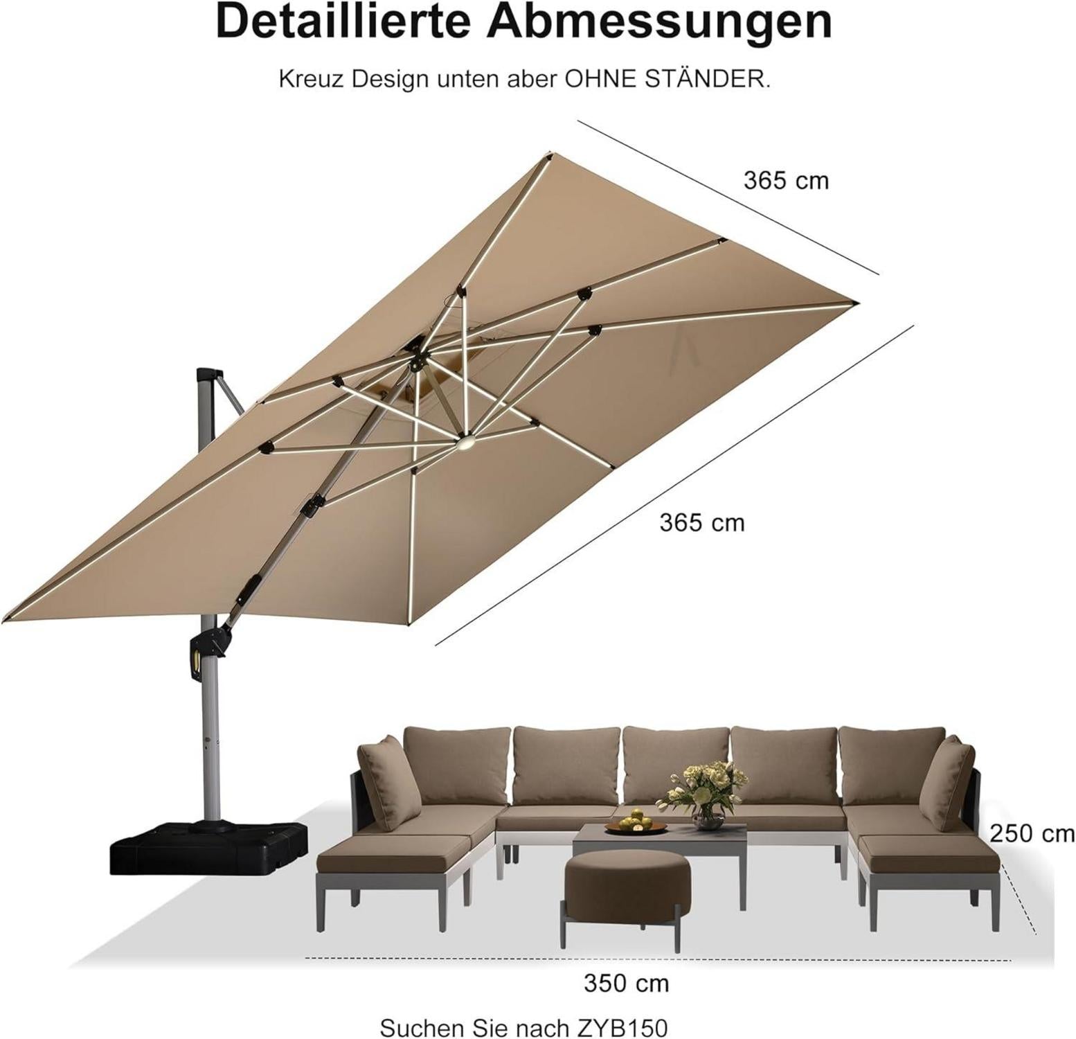 Sonnenschirm 365x365 LED Ampelschirm 360° Rotation Kurbel UV50+ Beige