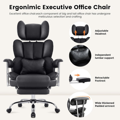 Ergonomischer Bürostuhl mit Fußstütze und Armlehnen, PU Leder, 180kg