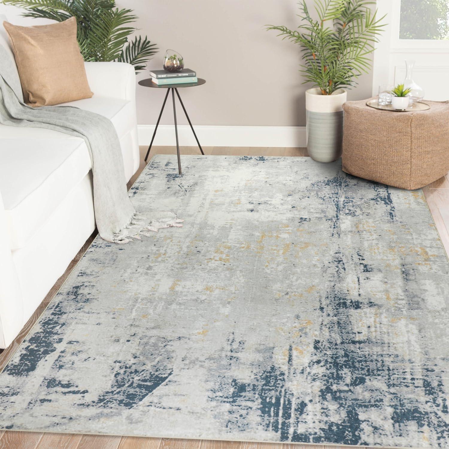 Teppich Moderner Kurzflor Waschbar Rutschfest 120x170cm Beige Blau