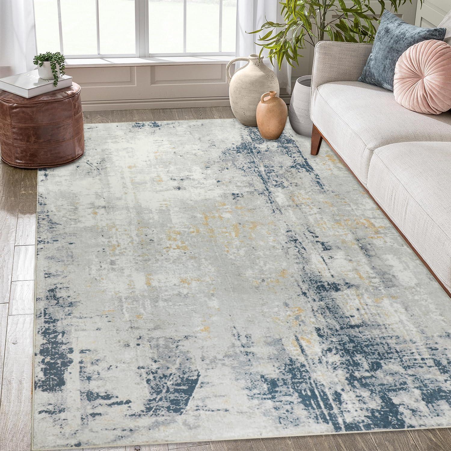 Teppich Moderner Kurzflor Wohnzimmer Schlafzimmer 120x170cm Beige Blau