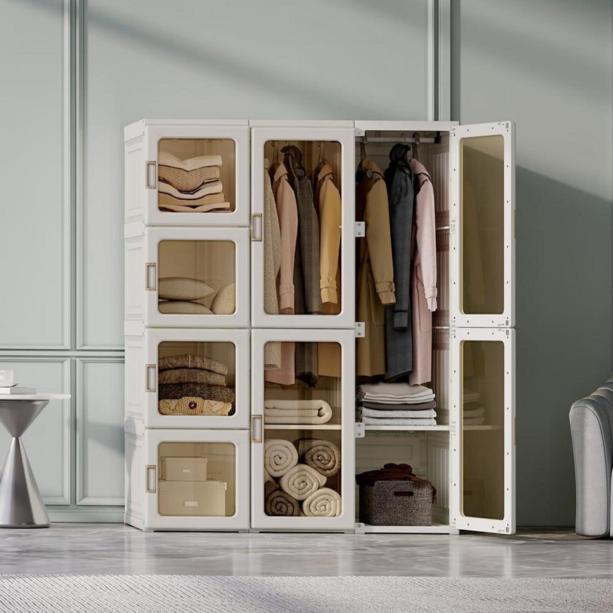 Faltbarer Kleiderschrank mit Stange & Magnettüren – Weiß