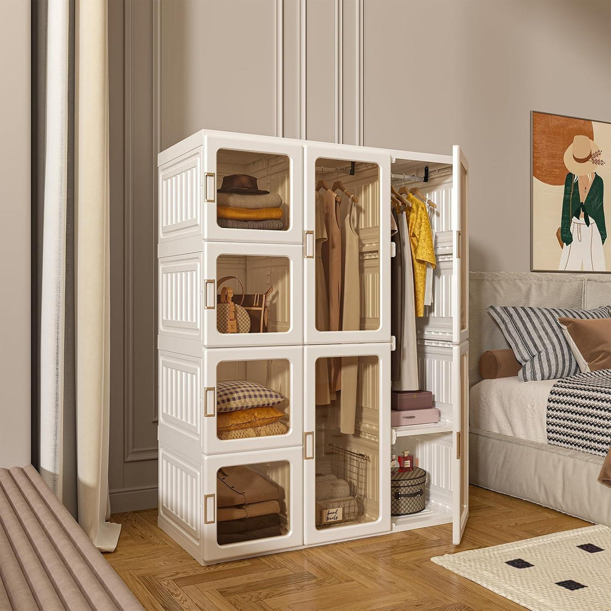 Faltbarer Kleiderschrank mit Stange & Magnettüren – Weiß