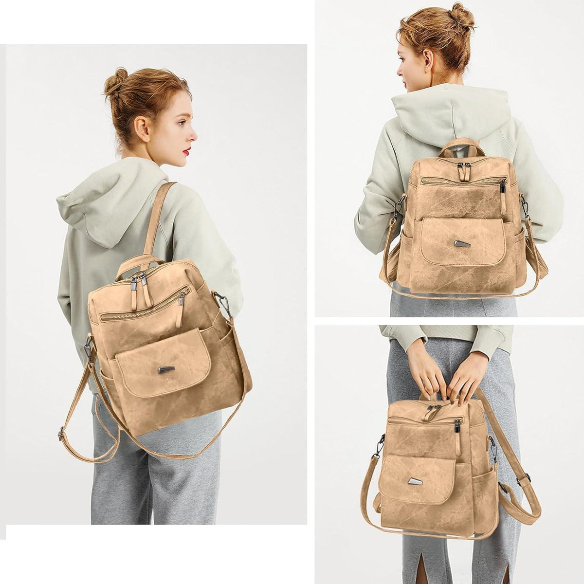 Damen Rucksack Khaki wasserdicht & diebstahlsicher, wandelbar