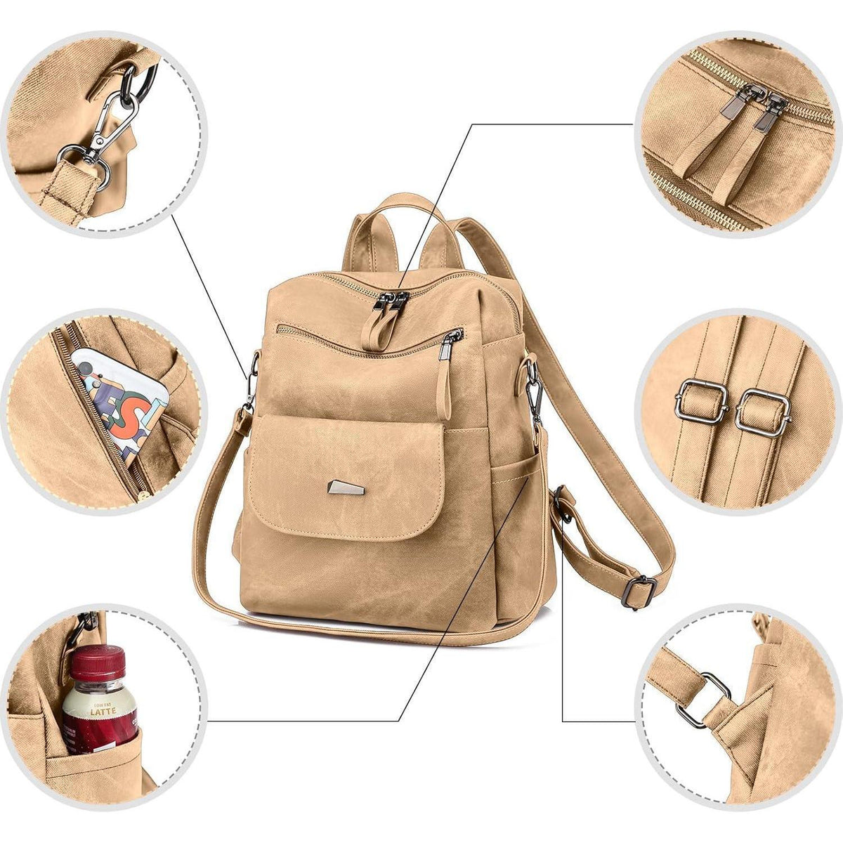 Damen Rucksack Khaki wasserdicht & diebstahlsicher, wandelbar