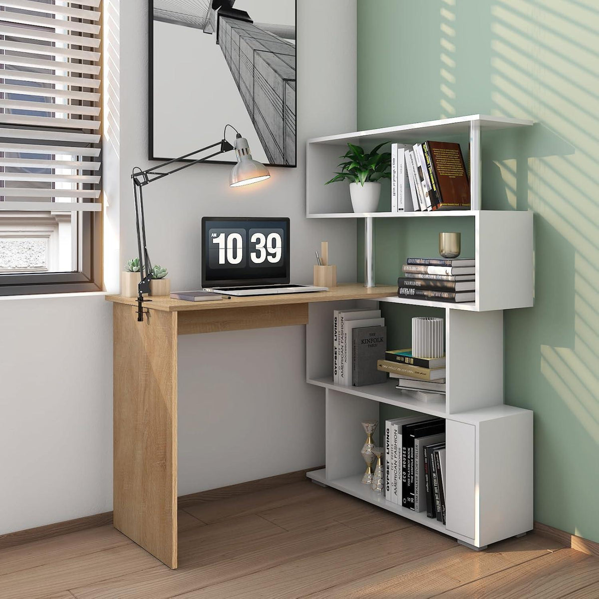 L-Schreibtisch mit drehbarem Bücherregal, Eiche & Weiß