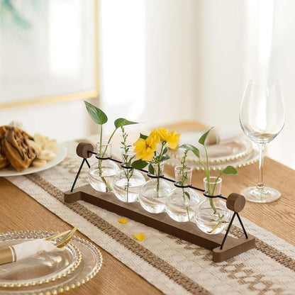 Hydrokultur Glasvase mit Holzständer, 5er Blumenvasen Set