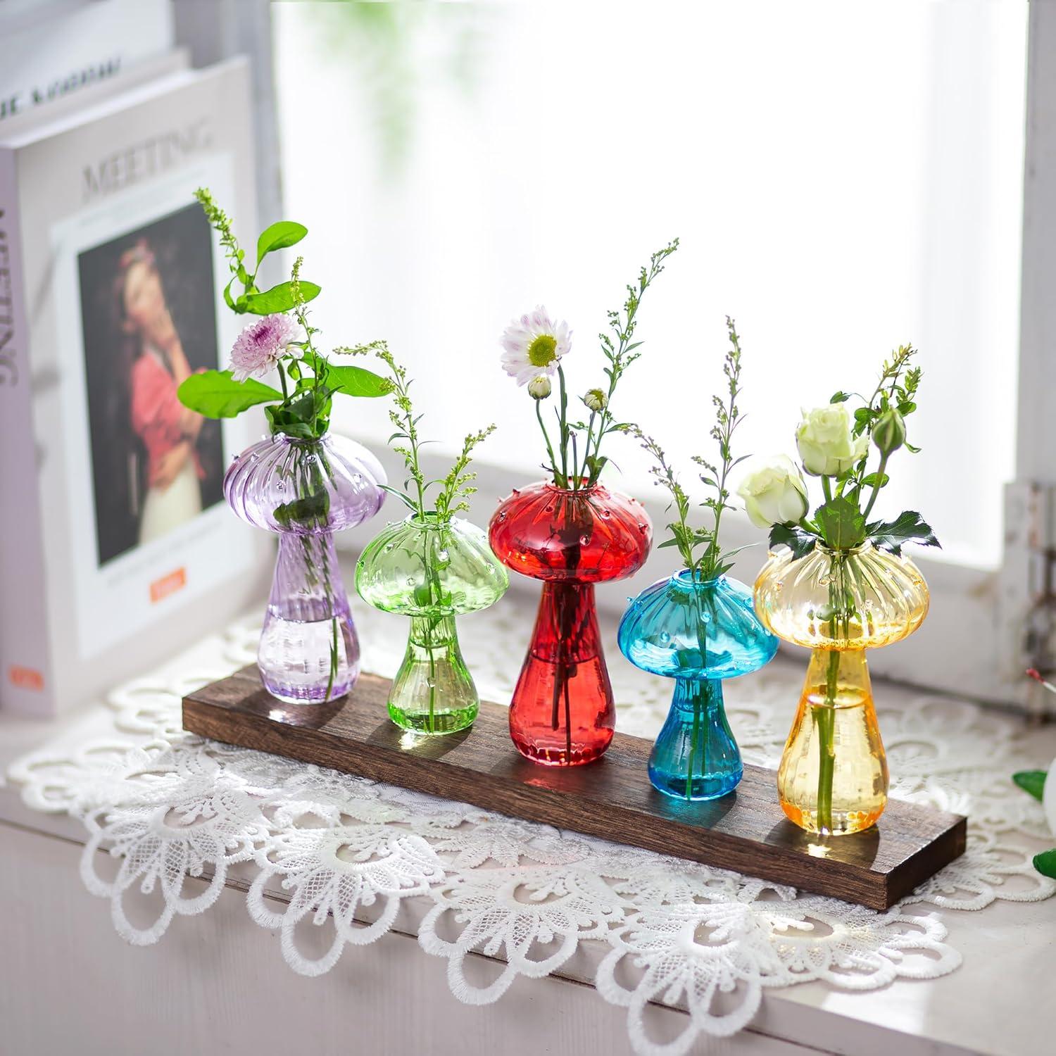 Pilzförmige Glasvase 5er Set bunt, moderne Blumenvase