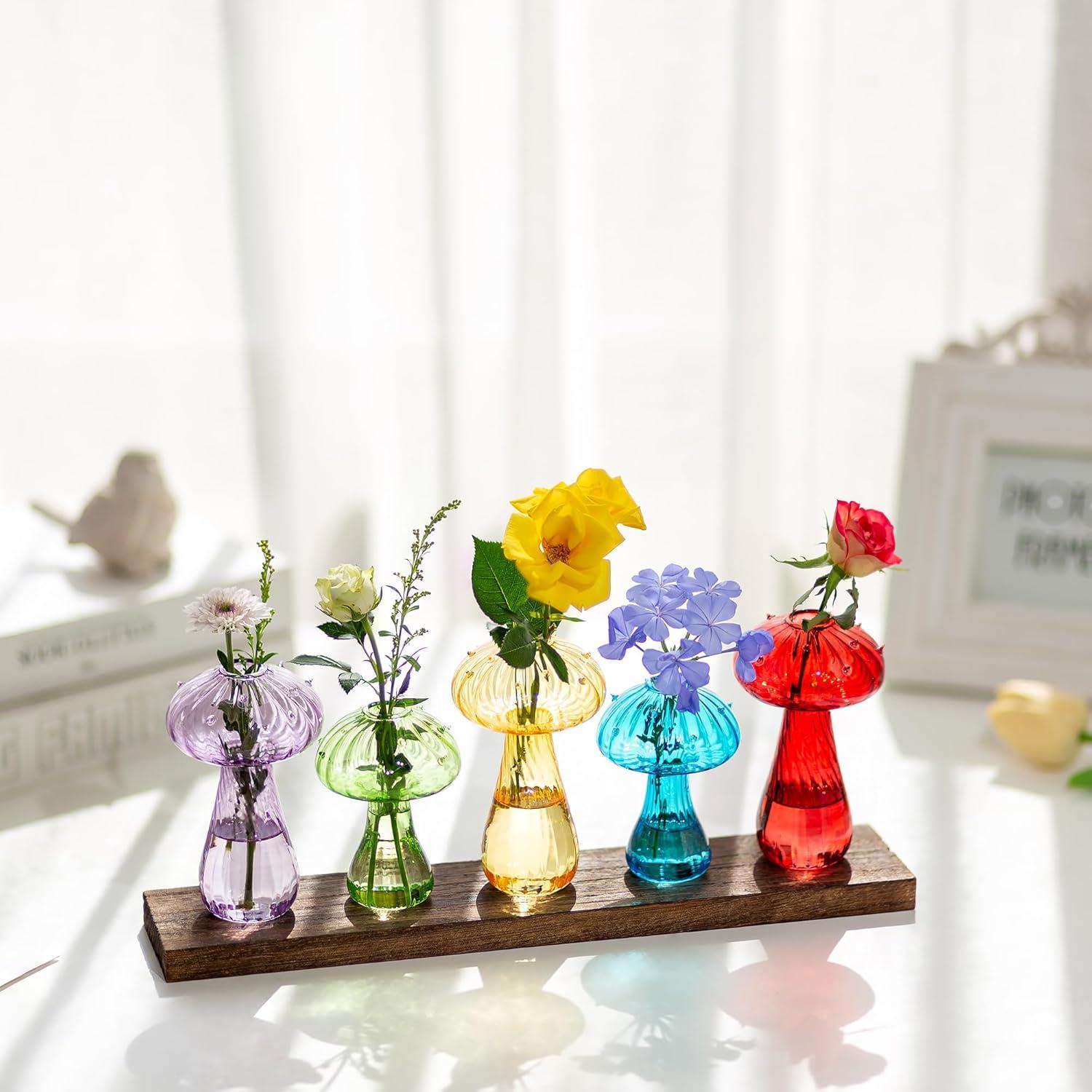 Glasseam Pilzförmige Glasvase Mini Vasen Set Hydrovase bunt 5er - Modern Tischdeko Holz Glas Blumenvase Propagation Station CouchtischDekoration