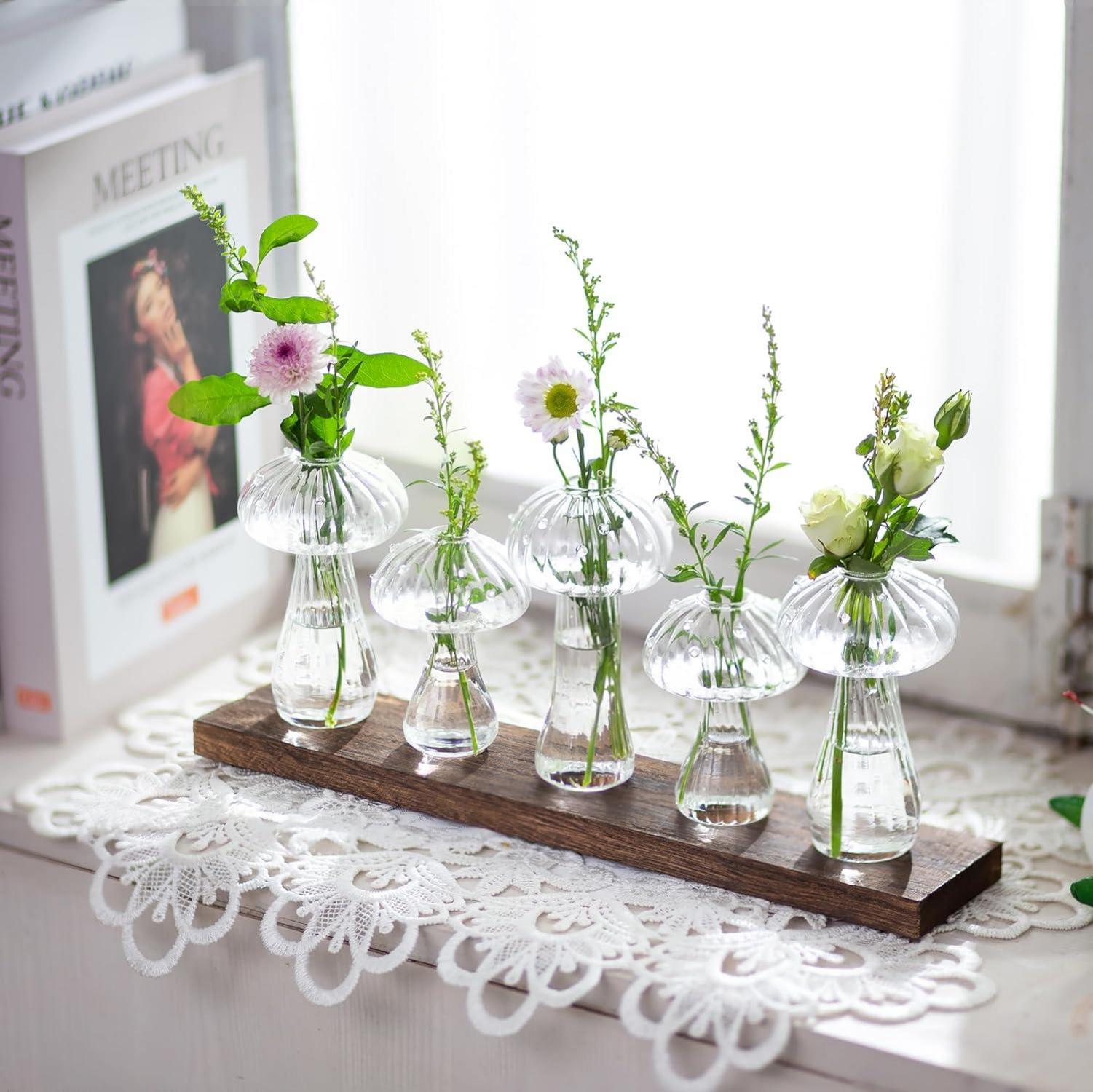 Mini Glas Pilz Vasen Set 5-tlg. für Tischdeko Transparent