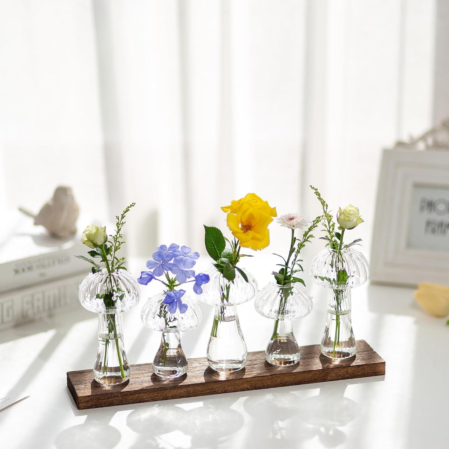 Glasseam Pilzvasen Set 5er Klar Glas Deko Mini Vasen Holzgestell