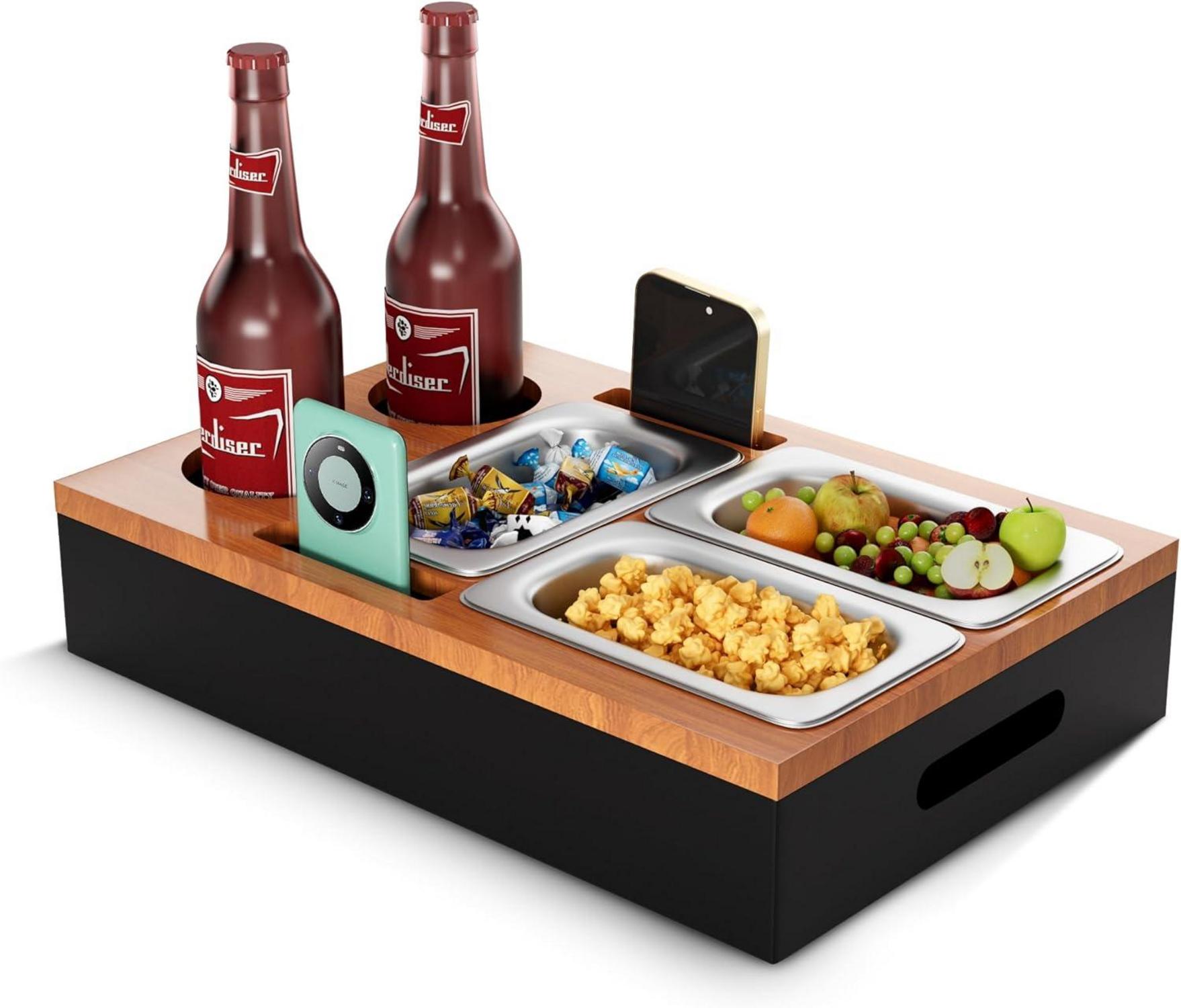 Sofa Organizer mit Snackschalen und Lagerplätzen in Holzoptik
