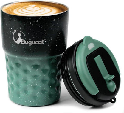 Bugucat Kaffeebecher To Go 360ML Isolierbecher Edelstahl mit Strohhalm