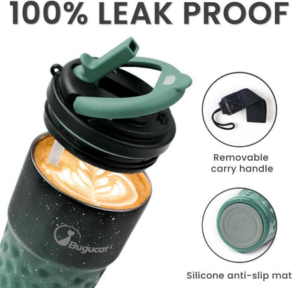 Bugucat Kaffeebecher To Go 360ML Isolierbecher Edelstahl mit Strohhalm