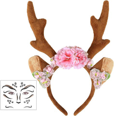 Reh Geweih Haarreif mit Blumen und Tattoo, Kostüm Damen Kinder