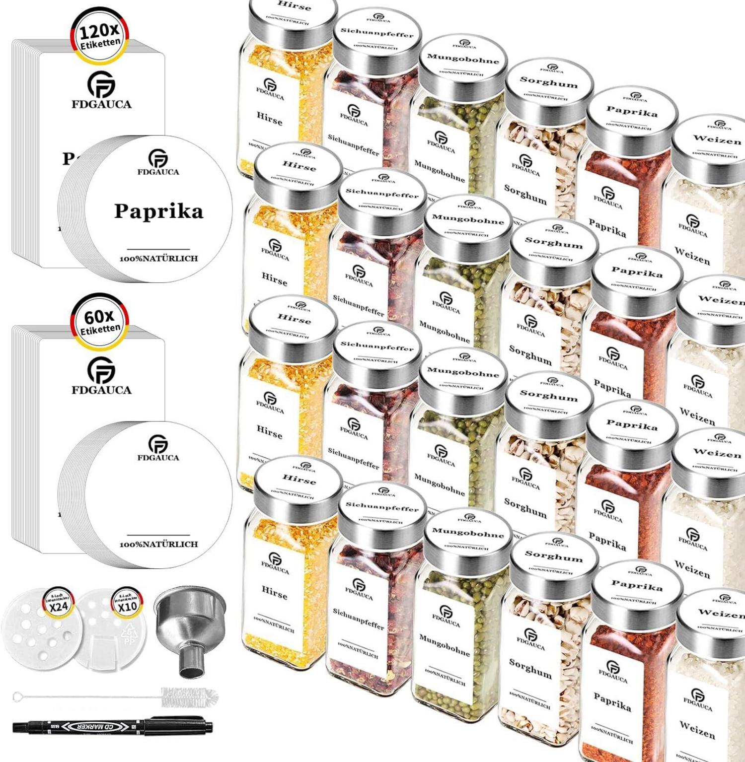 24 Gewürzgläser Eckig 120ml mit Streueinsatz Borosilikatglas