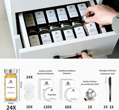 24 Gewürzgläser Eckig 120ml mit Streueinsatz und Etiketten