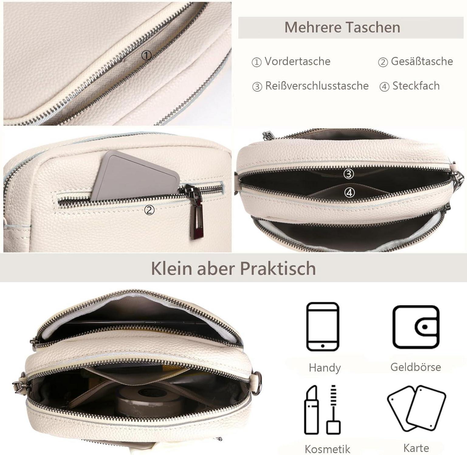 Echtes Leder Umhängetasche Damen mit Breitem Schultergurt 3 Reißverschlussfächer