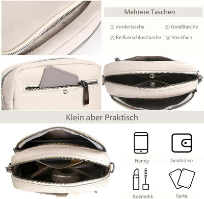 Echtes Leder Umhängetasche Damen mit Breitem Schultergurt 3 Reißverschlussfächer