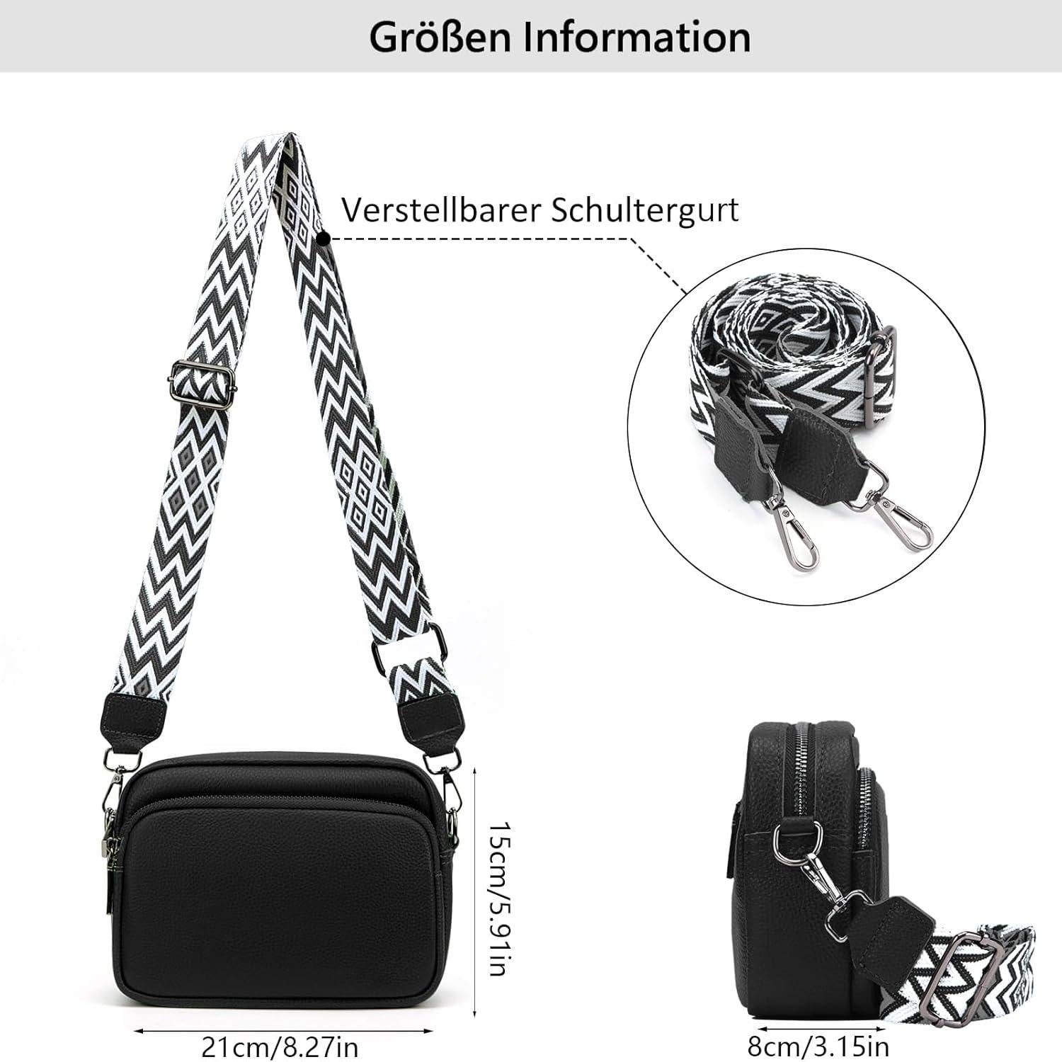 Echtes Leder Damen Umhängetasche Crossbody Bag Schultertasche Schwarz