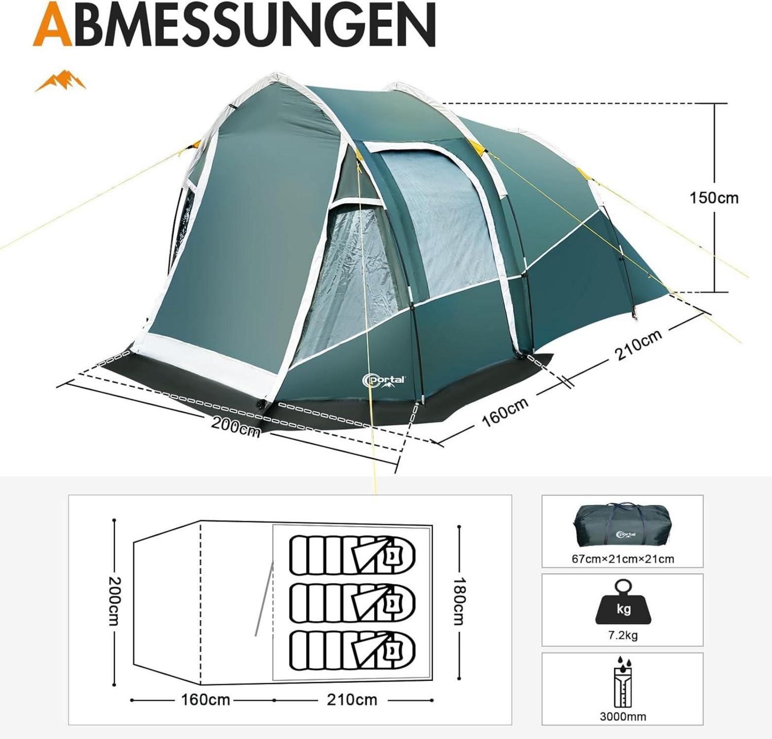 Geräumiges Camping Zelt Wasserdicht 3000mm Tunnelzelt 3 Mann mit