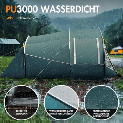 PORTAL Camping Zelt 3 Personen Wasserdicht 3000mm Fenster Tunnelzelt mit Vorzelt