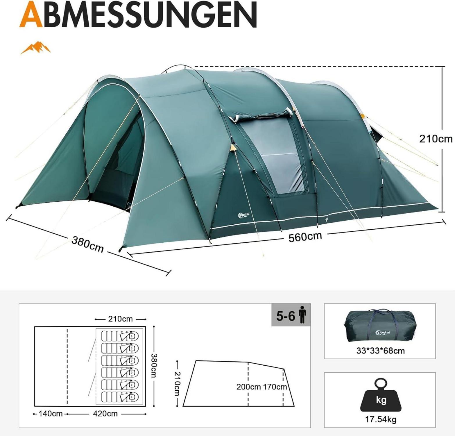 Portal Zelt 5-6 Personen Tunnelzelt Wasserdicht 3000mm - Campingxyz
