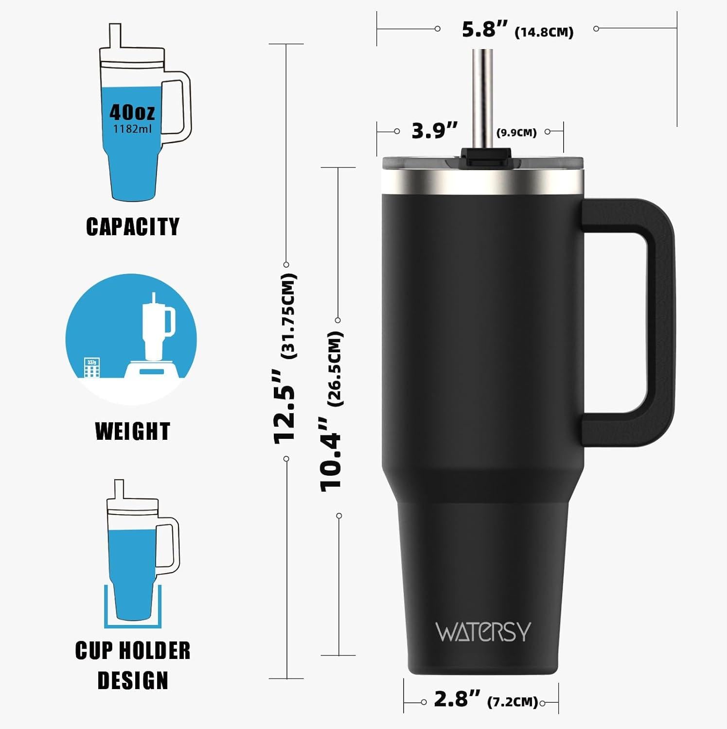 40oz Thermobecher Edelstahl Vakuum Isoliert Schwarz mit Griff und Strohhalm