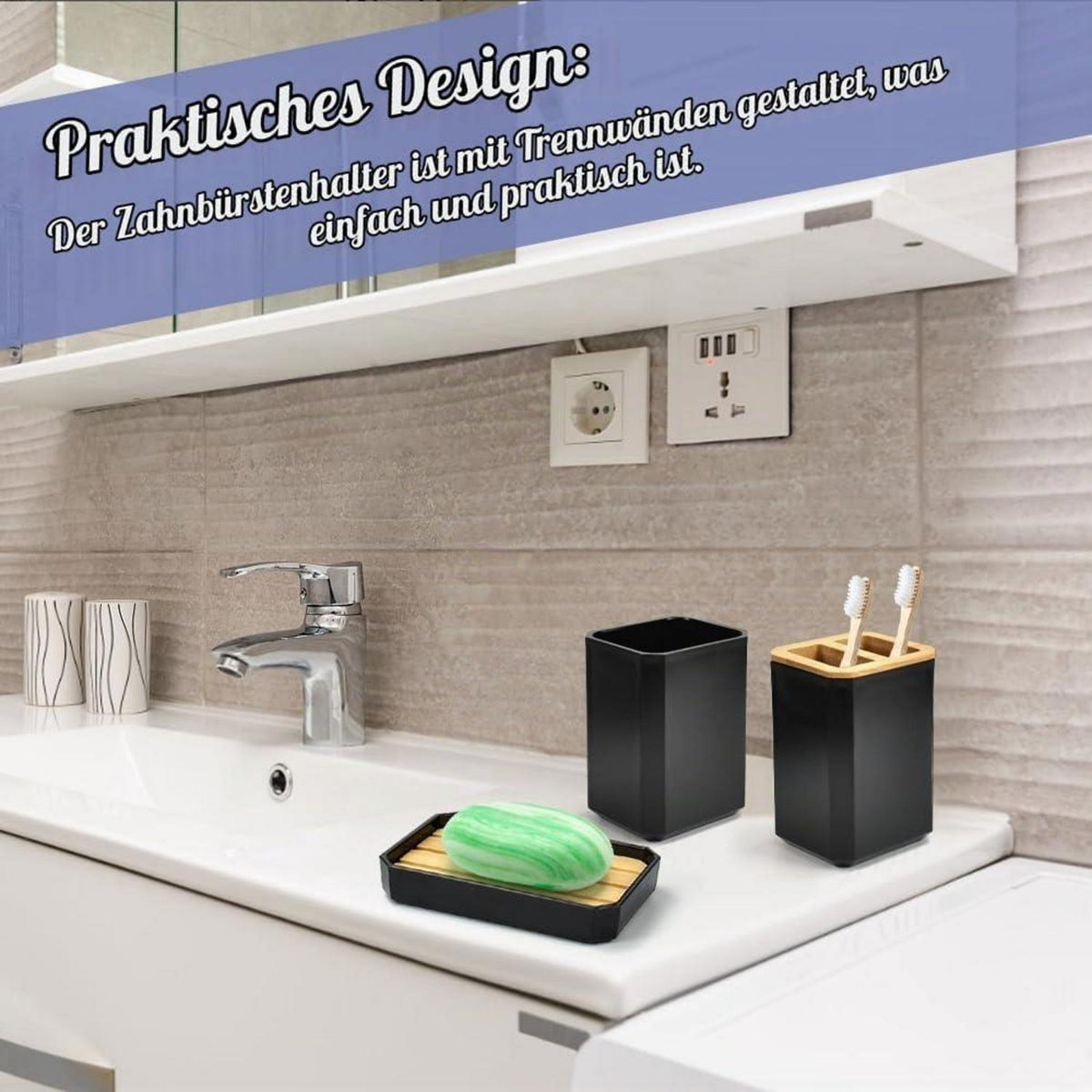 Badezimmer Set Bambus Schwarz – 5-tlg. Accessoires Set