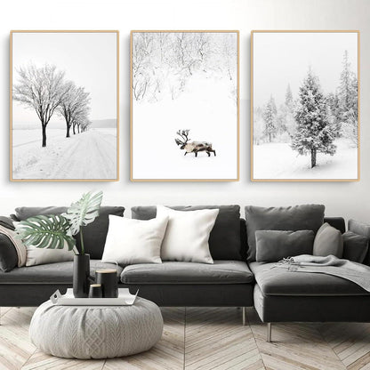 Wandbilder Winterlandschaft Tanne Elch Poster 3er Set Leinwandbild