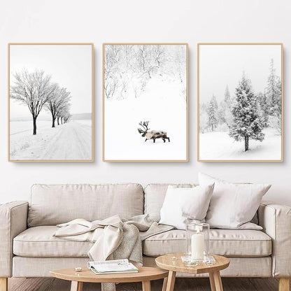 Winter Poster 3er Set Tanne Elch Wandbilder Leinwand 50x70 cm