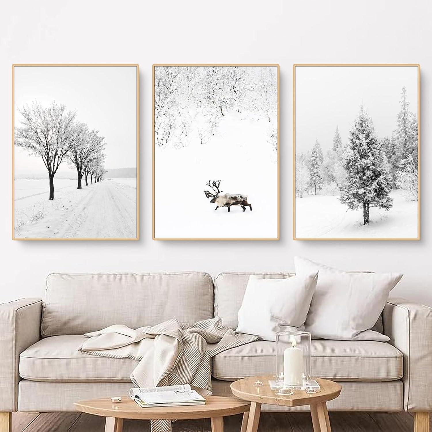 Winter Poster 3er Set Tanne Elch Wandbilder Leinwand 50x70 cm