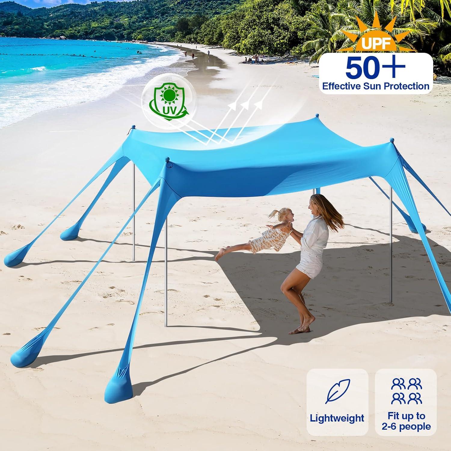 Strandmuschel UPF50+ Strandzelt Sonnenschutz mit Sandschaufeln Stangen
