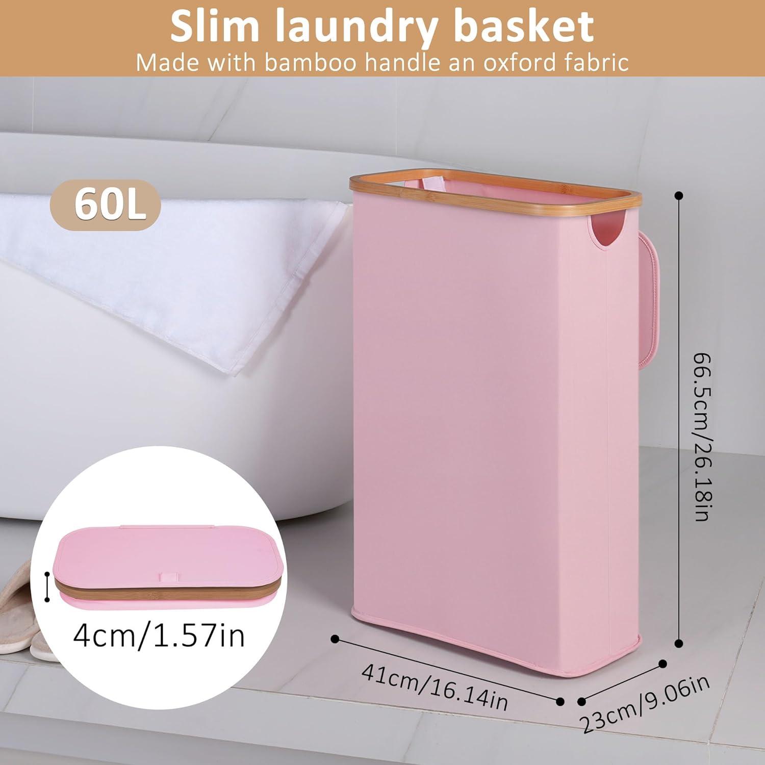 iEGrow Wäschekorb mit Deckel 60L - Faltbar & Schmal - Rosa