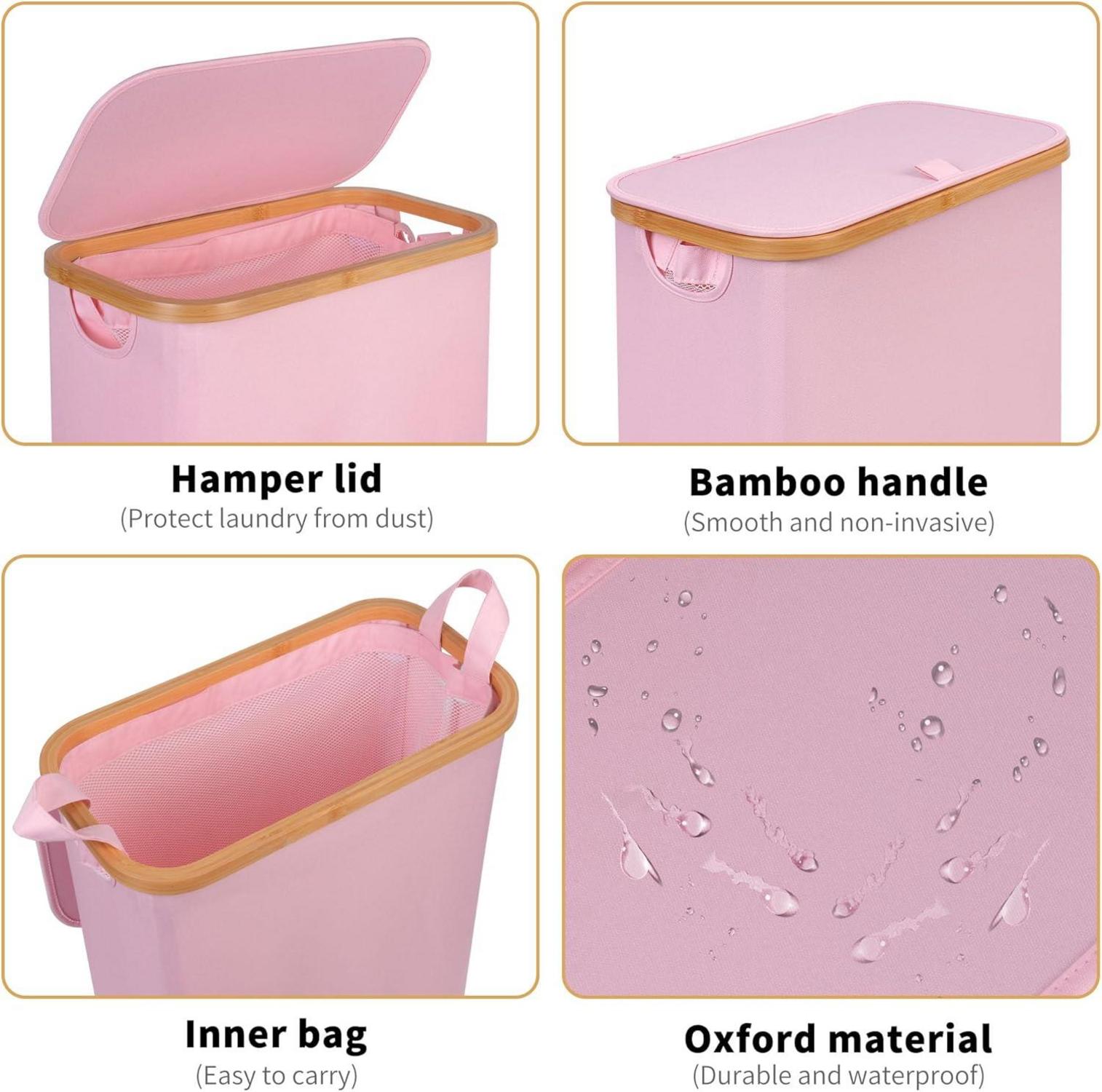 iEGrow Wäschekorb mit Deckel 60L Rosa Bambusgriffen & Innentasche