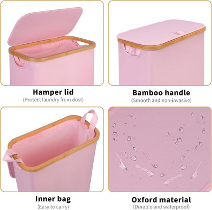 iEGrow Wäschekorb mit Deckel 60L Rosa Bambusgriffen & Innentasche