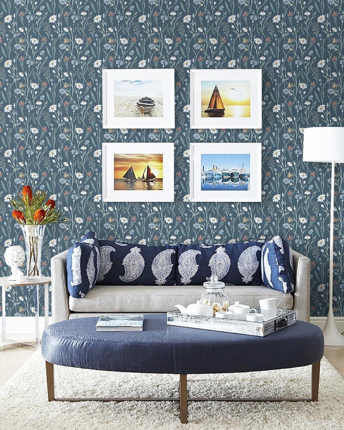 Selbstklebende Blaue Tapete 41×300cm Blumen Wasserdicht Vinyl Möbelfolie
