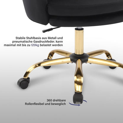 Höhenverstellbarer Samt-Bürostuhl mit Rädern, Schwarz-Gold