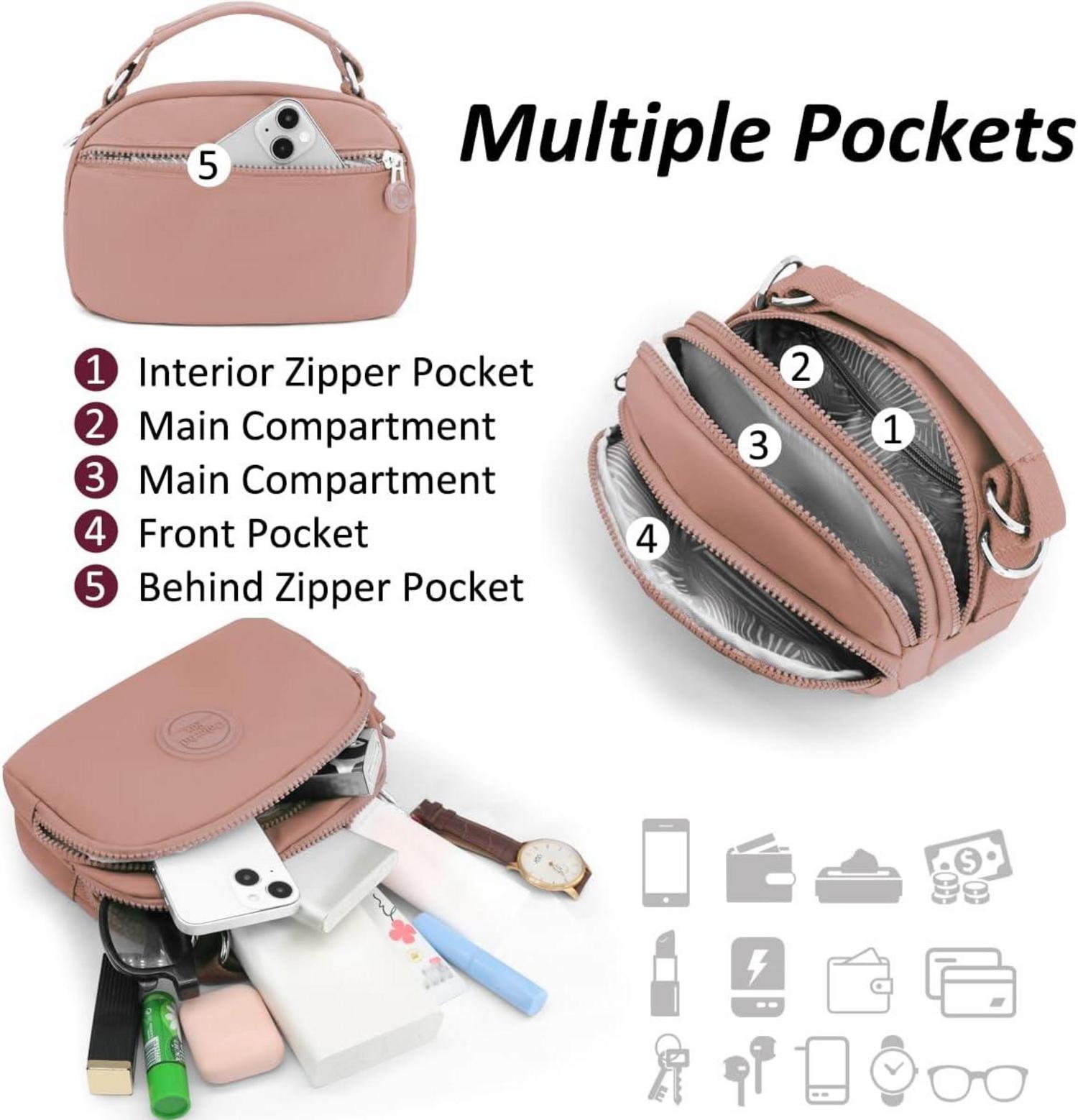 Umhängetasche Damen Nylon Crossbody Bag Rosa mit Mehreren Taschen