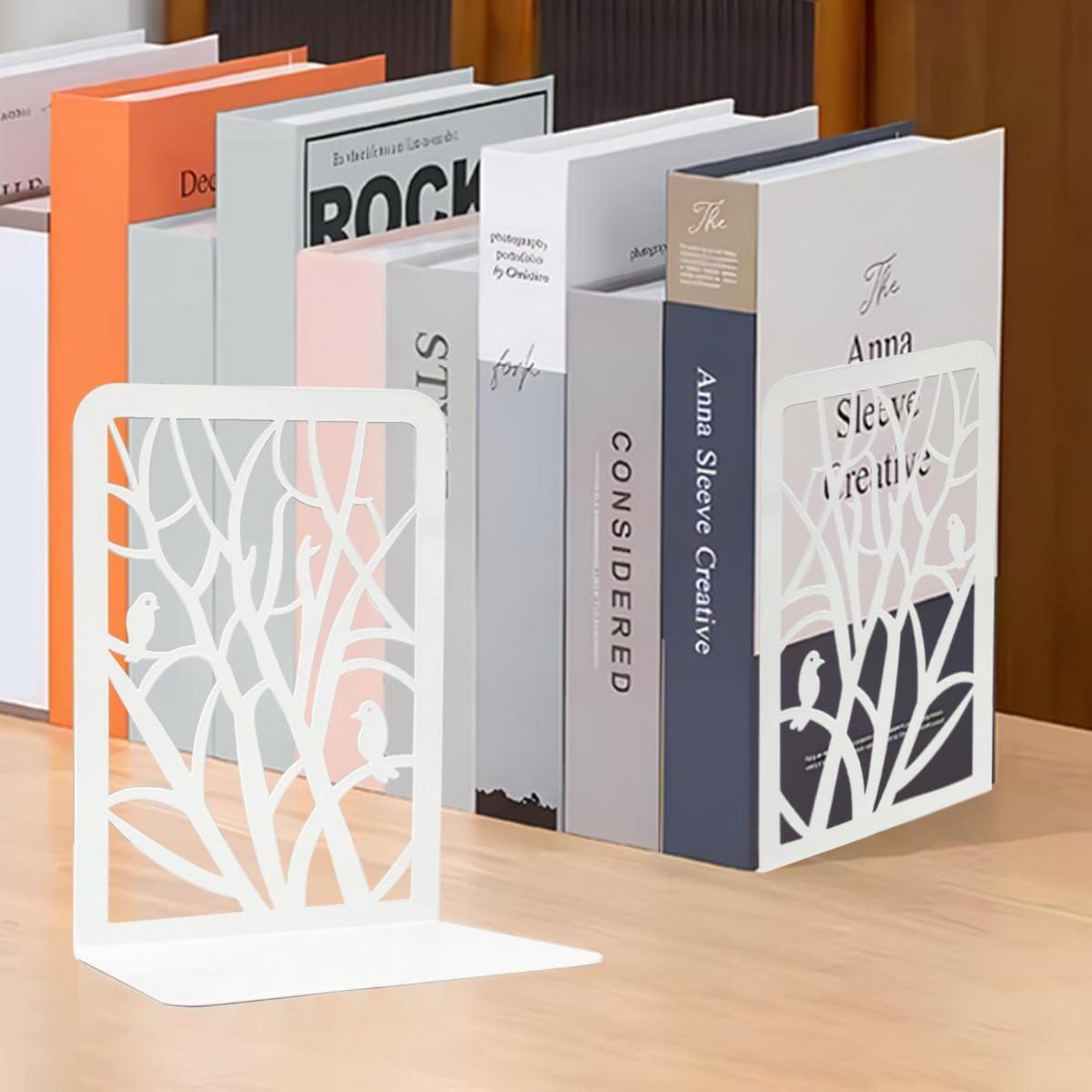 Qualsen Buchstütze Metall 2er Set Weiß Baum Vogel Design