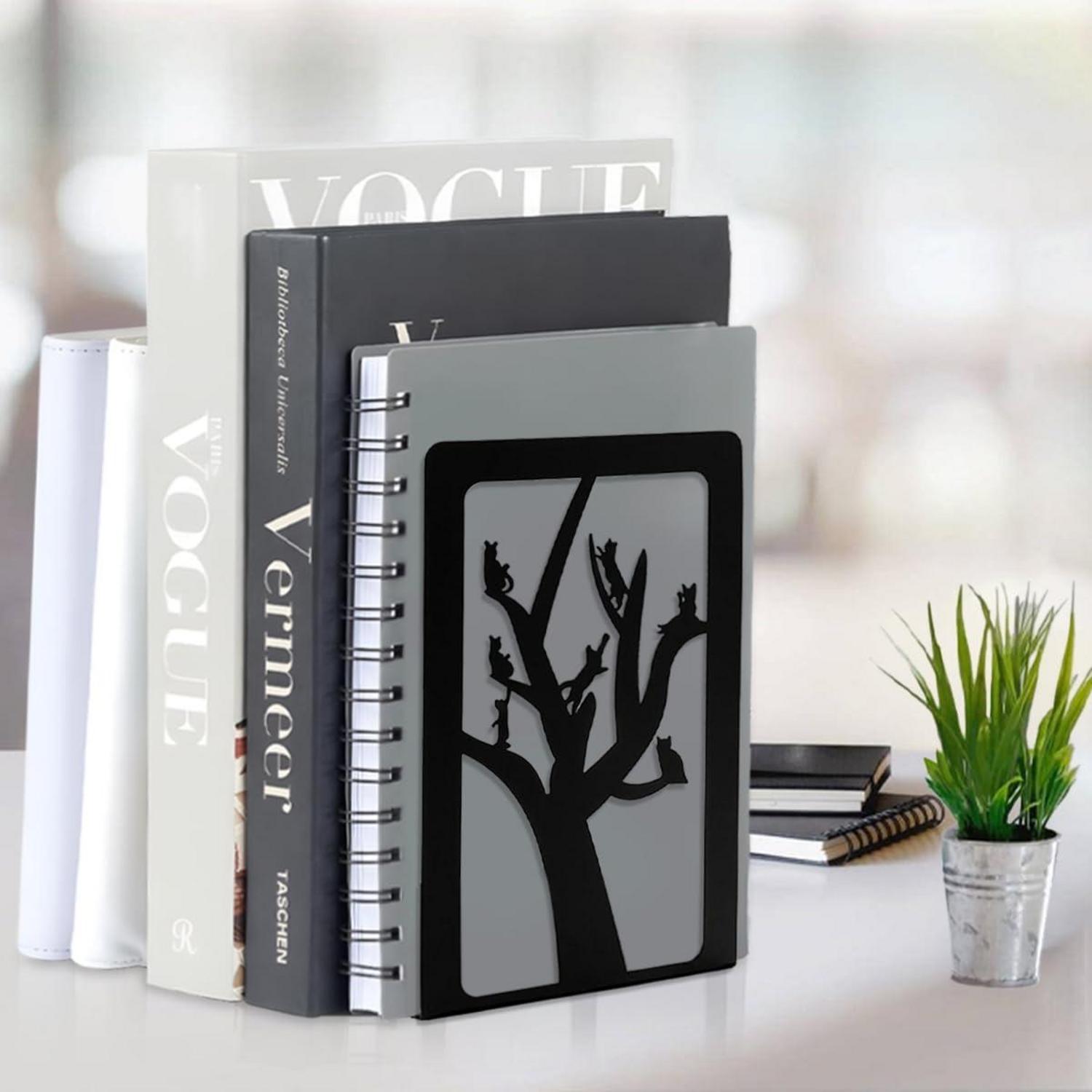 Moderne Buchstütze Baum und Katze Metall für Büro Zuhause