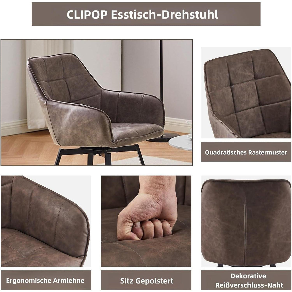 Drehbarer Esszimmerstuhl Set 6er – Braun, Armlehne in Lederoptik