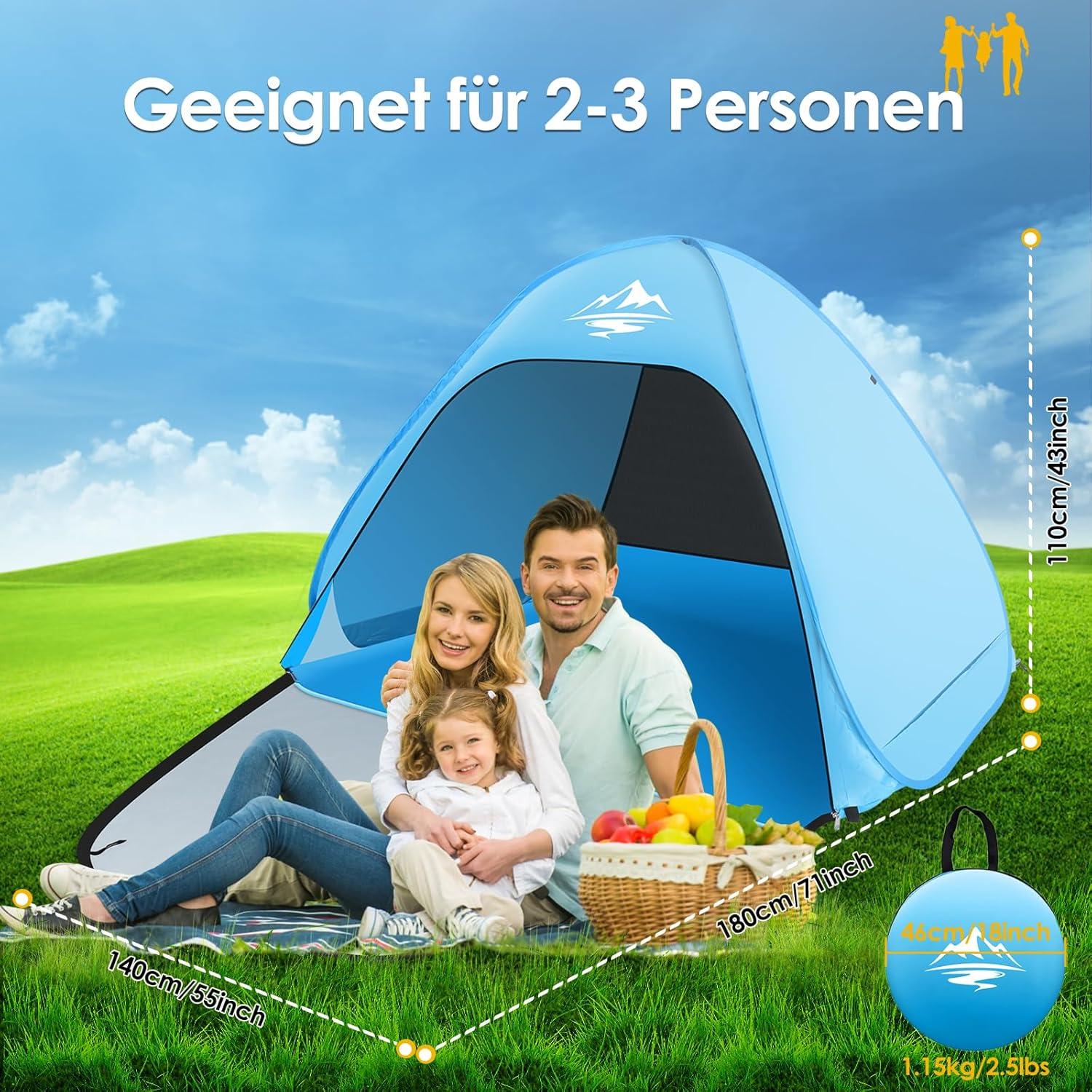 Strandmuschel Pop Up Zelt für 2-3 Personen UV50+ Schutz QLabel Sun