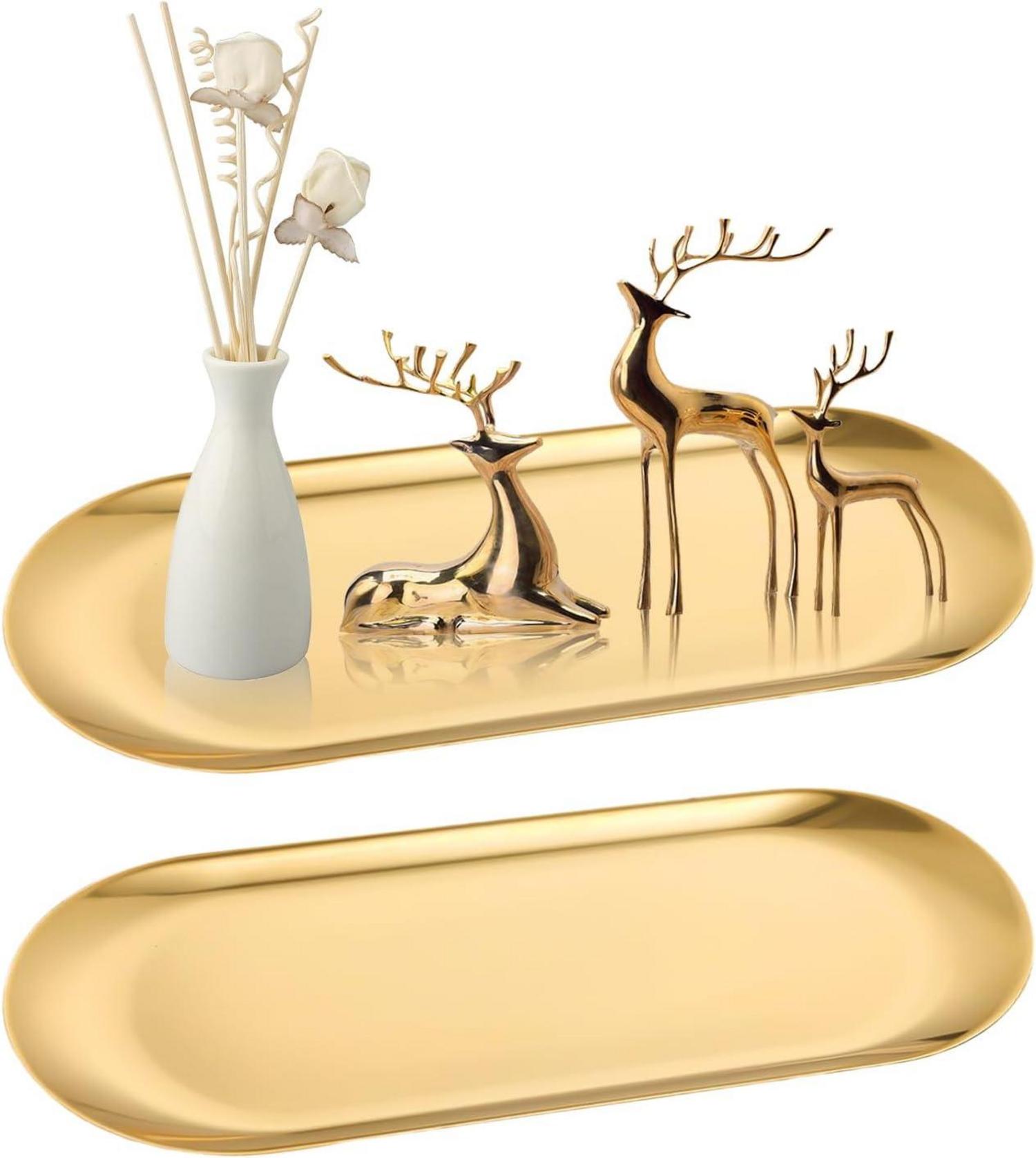 Dekotablett 2er Set Gold Edelstahl Serviertablett Spiegeltablett
