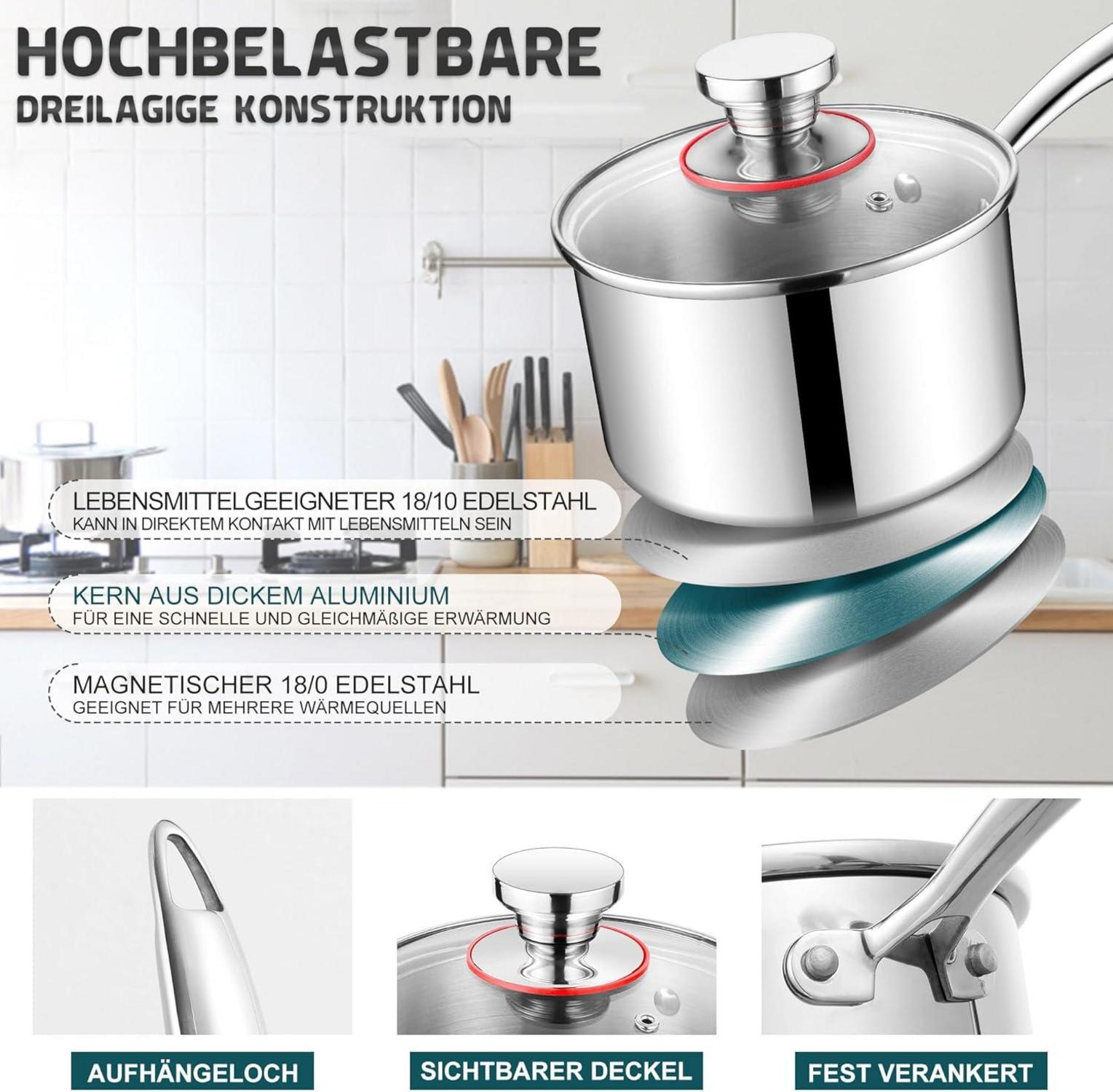 Stielkasserolle 16cm 3-Lagen Edelstahl mit Deckel 1,8L für alle