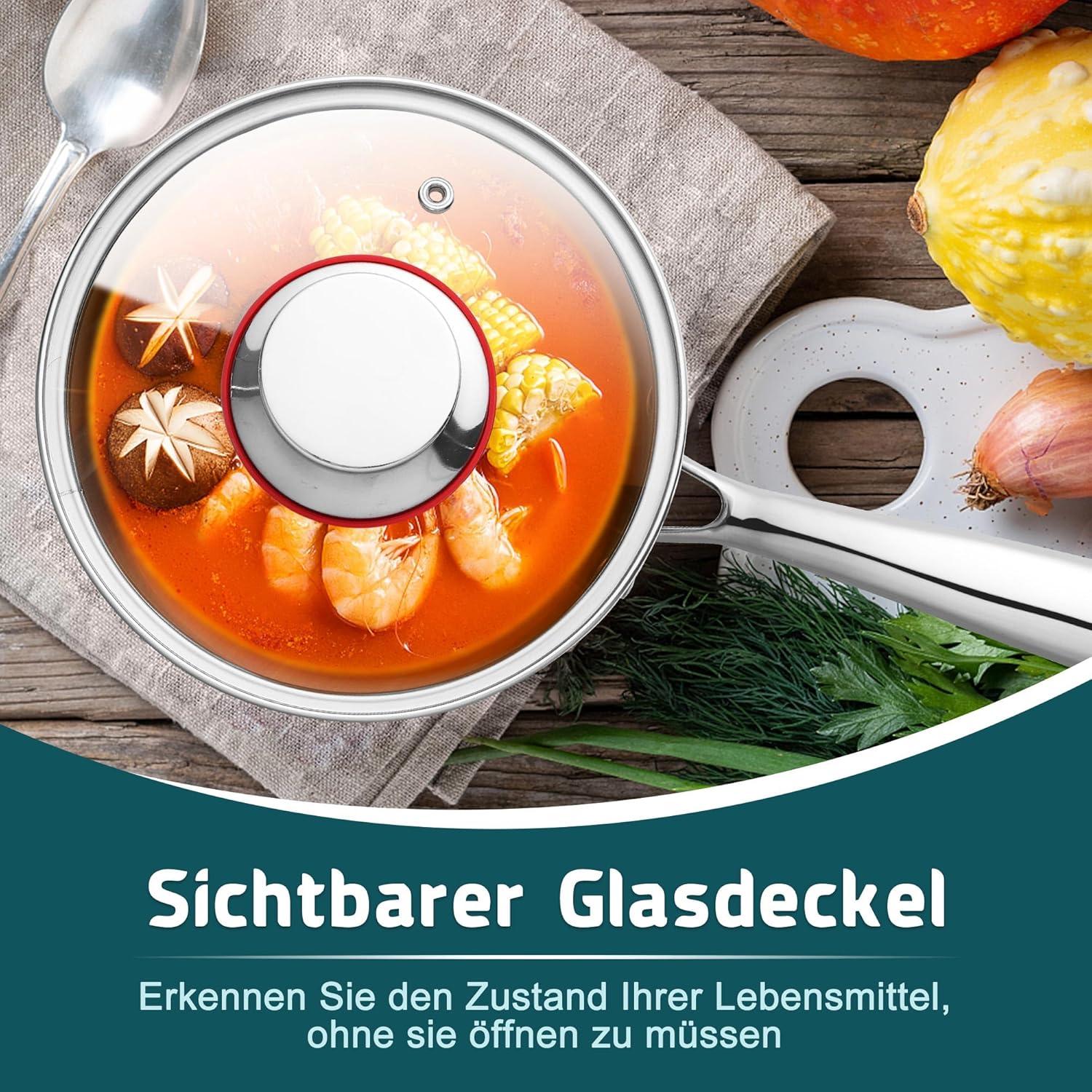 Kochtopf 16cm Edelstahl Stielkasserolle mit Glasdeckel 1,8L Induktion