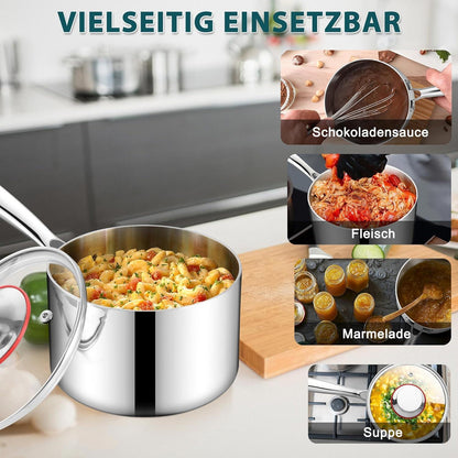 Stielkasserolle 16cm Premium 3-Lagen Edelstahl mit Deckel 1,8 Liter